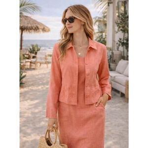 Linen 2pc Set Coral Jacket Dress Set Beach Coastal Chic Embroidered Women’s Sz S